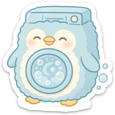 kawaii soft fluffy penguin washing machine, spinning soap bubbles, happy face, pastel blue, full-body sticker