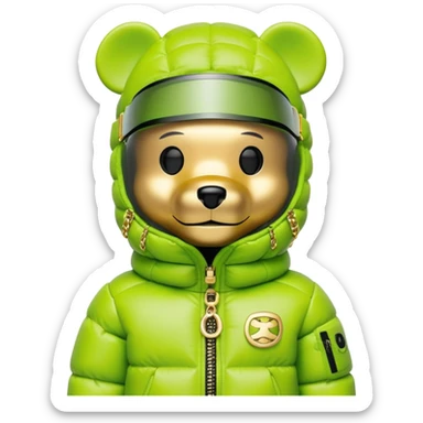 bearbrick in lime balaclava with logos where eye section is a single continuous dark visor lens integrated directly into the mask fabric, not additional eyewear, luxury puffy jacket with fur, gold chains sticker