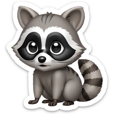 Cinematic-cute Raccoon-Realistic-hunched Full-Body on all fours-Emoji – Tail flicking lazily, head tilted dramatically, thick grey fur with a signature black mask, sharp and alert ears, simplified yet realistic focused features, highly detailed, glowing with an almost sarcastic glow. big black eyes sticker