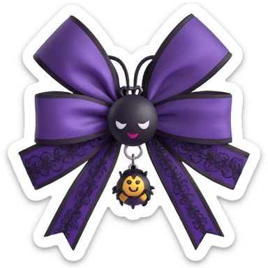 3D emoji gothic bow, dark plum satin, black lace trim, silver spider charm, moody and elegant sticker
