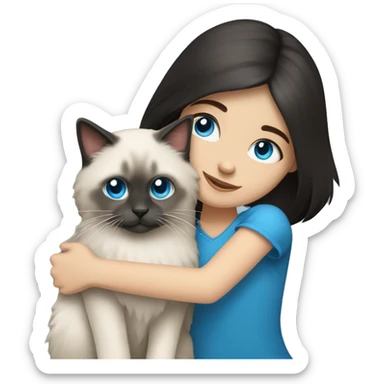 Dark-haired blue eyed girl hugging blue colorpoint ragdoll cat sticker