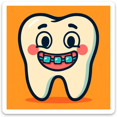a cute tooth character with braces, cartoon style, smiling sticker