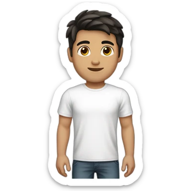 a young man, white skin, shorter black-brown hair and dark brown eyes wearing a white t-shirt sticker