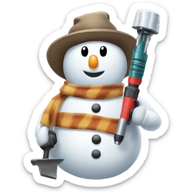 snowman with hat and scarf holding a drill sticker