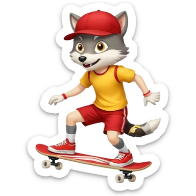 A gray wolf with large, expressive eyes and a friendly smile. The gray wolf is wearing a bright yellow T-shirt, red shorts, white knee socks, and sneakers. The baseball cap is on backwards. The wolf is preparing to perform a skateboarding trick. sticker