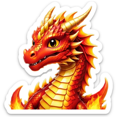 Cinematic Cute Fierce Fire Dragon Portrait Emoji, Head tilted playfully and inquisitively, showcasing a robust, flame-embellished form with intricately detailed scales in vibrant reds and glistening golds, accented by flickering ember highlights and a warm, inviting glow; rendered with lifelike detail and radiant natural light, high shine, spirited yet endearing, styled with a touch of blazing whimsy, soft glowing outline, capturing the essence of a mischievous yet charming inferno that seems ready to dance with playful fire! sticker