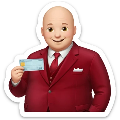 fat guy bold head in dark red velvet suit holding cheque sticker