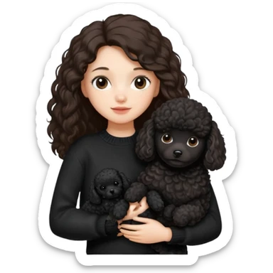 One Brunette girl with long hair in a black sweater holds a single black Poodle puppy in her arms sticker