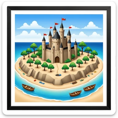 A huge island with trees boats and sand in the middle there is a huge beautiful castle sticker