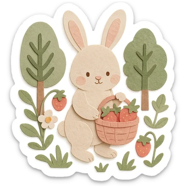highly detailed, high quality paper craft style illustration of a bunny picking strawberries in the woods, sweet pastel red colors, intricate textures, soft lighting, delicate cut-paper details sticker