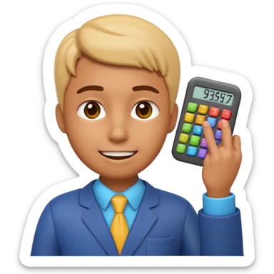 3D iPhone style emoji of a person using a calculator, finger pressing colorful buttons, digital display showing numbers, isolated on white background, soft shadows, high detail, playful and cute. sticker