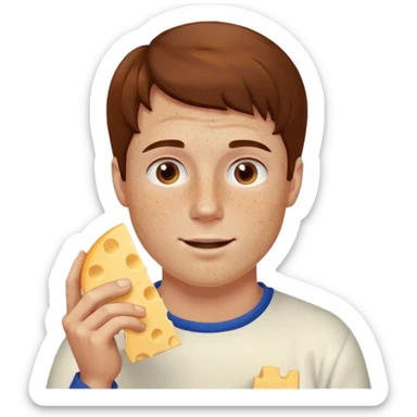Man with brown hair and white skin with freckles, eating cheese sticker