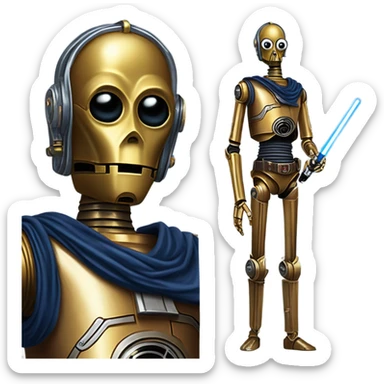 human-sized darkblue-pearl friendly bounty hunter c3po droid wearing a leather wild west duster holding light saber ready to fight but relaxed. antique sticker