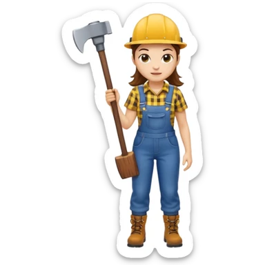 lumberjack woman holding axe yellow checked shirt and overall sticker