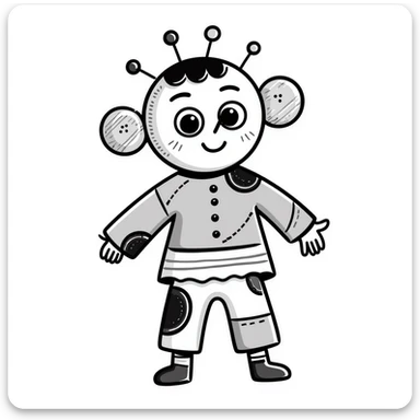 A hand-drawn colorful voodoo doll with stitches, multicolored fabric patches, big button eyes, and pins sticking out sticker