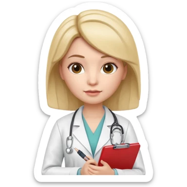 3D memoji female doctor holding clipboard and pen, slightly strict but kind facial expression, educational vibe, white medical coat, isolated PNG sticker