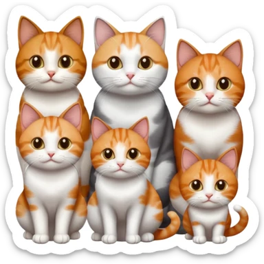 6 cats: 1 small ginger and white, 1 small brown tabby and white, 1 small grey and white, 1 big grey and white, 1 mostly grey with white paws and small white patch on chest and 1 calico sticker