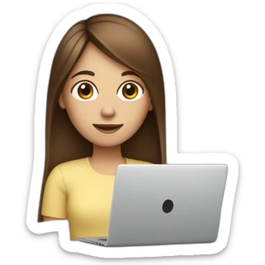 a girl with straight brown hair with a square behind a laptop sticker