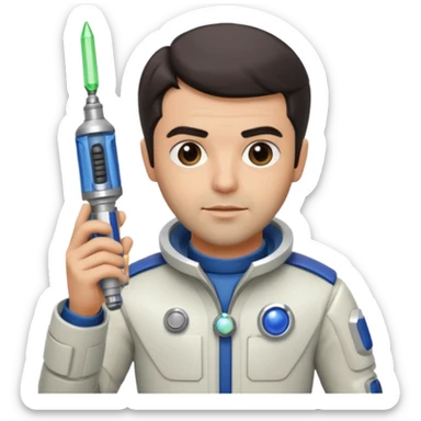 Sean Teale as Tristan the Doctor holding a sonic screwdriver in a space adventure sticker