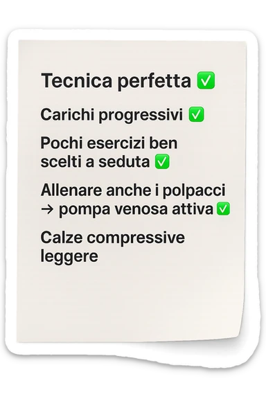 FOGLIO DI CARTA PER L'ALLENAMENTO IN PALESTRA CON LA SCRITTA "Tecnica perfetta
 ✅ Carichi progressivi
 ✅ Pochi esercizi ben scelti a seduta
 ✅ Allenare anche i polpacci → pompa venosa attiva
 ✅ Calze compressive leggere" , IPERREALISTICA 4K sticker