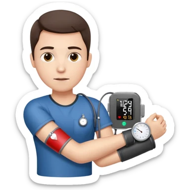 blood pressure cuff wrapped around upper arm with dial reading female sticker