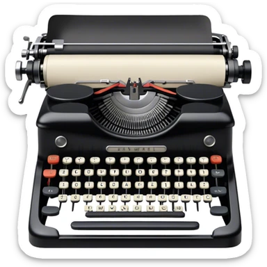 Create an emoji representing screenwriting. The design should feature an open script with visible dialogue and action lines, symbolizing the writing of a screenplay. Include a classic typewriter to signify the process of creating a script and a movie camera behind . Use a professional color palette with black, white, and subtle metallic tones. Do not include any emojis or smiley faces. Make the background transparent. sticker