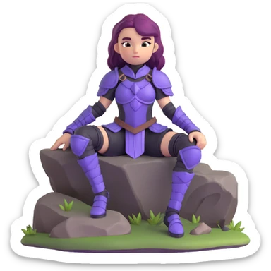 mysterious warrior girl with flowing purple hair, dressed in black armor, sitting on a rock sticker