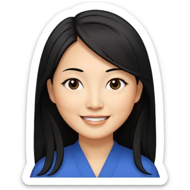 50 yr old asian woman, straight thick long black hair, big black, side part sticker