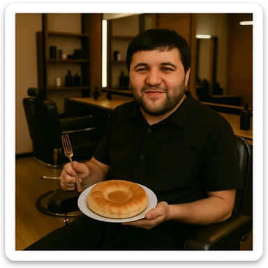 Replace the man's face in the original photo with the face from the second image. Keep the setting, lighting, body, and the bread plate exactly the same. Make sure the new face blends naturally with the skin tone and lighting of the original photo. The man should still be sitting in a barbershop chair, holding a plate with Uzbek bread and a fork, wearing black clothes sticker
