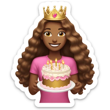 Beautiful long haired light skinned brunette with pink birthday cake and gold crown sticker