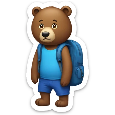 rounded circular brown bear wearing blue backpack sticker