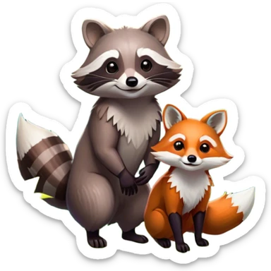 Collage of a raccoon and a fox, in close-up, surrounded by a colorful forest with rich green trees, thick bushes, and vibrant foliage. Sunlight peeks through the branches, casting warm light on the animals. A lively, natural setting with a transparent background. sticker