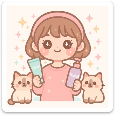 kawaii soft girl with short brown hair, pink makeup, skincare items, sparkles, and two fluffy light brown ragdoll cats, pink soft girl aesthetic sticker