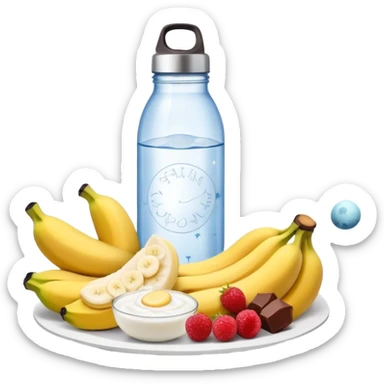 Mystical daily routine constellation: water bottle, sun, chicken plate, banana, gym weight, yogurt, fruits and chocolate, and moon symbols arranged like stars in a constellation pattern with glowing lines connecting them in sequence sticker