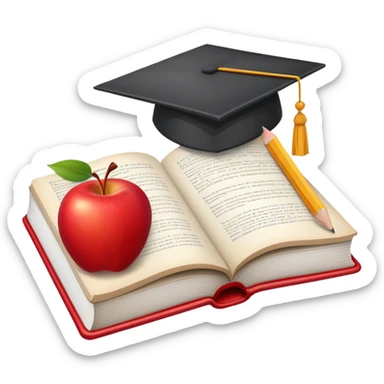 An icon featuring an open book, a pencil, and an apple, symbolizing education and pedagogy. The design includes a chalkboard with a lesson plan and a graduation cap, representing teaching and learning. Transparent background highlights the nurturing of knowledge and growth. sticker