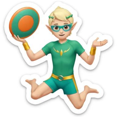 elf male legolas launching a frisbee woven from pure sunlight, wearing sporty teal swim shorts and performance sunglasses, pointy ears, centered emoji sticker