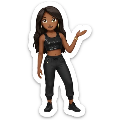 Aaliyah with black sequin crop top and pants, long dark brown hair sticker
