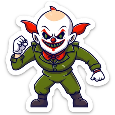 evil clown warrior, bald, short horns on forehead, fangs, pointed ears, black and military green leisure suit, battle-ready fighting posture sticker