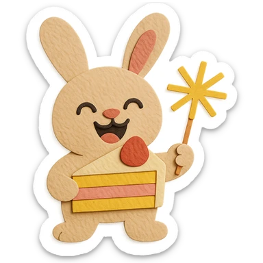 Make the bunny have a laugh expression and improve the overall visual appearance to be well-shaped and even more appealing. Keep the bunny holding a cake slice and sparkler in the paper-craft style. sticker