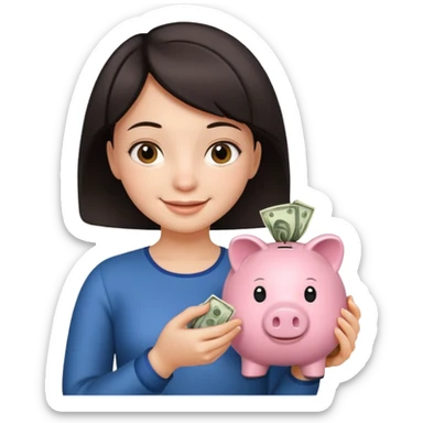 Девушка с тёмными короткими волосами с копилкой в руках складывает в неё деньги  sticker