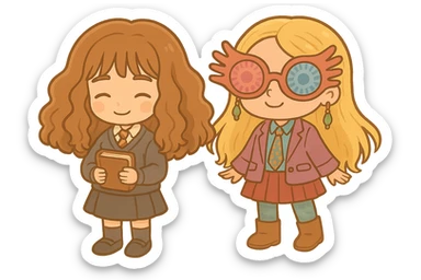 Combine the two characters side by side in a cute chibi style, maintaining a transparent background. Both characters should be adorable and harmonious in the chibi stickers style. sticker