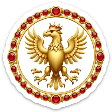 Golden griffin crest / brosch in a circle with red gems and no background sticker