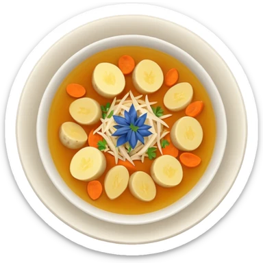 Emoji of a Mexican chicken broth (consomé de pollo): a warm golden soup with bits of shredded chicken, carrot, potato, and cilantro in a simple round bowl, viewed from above sticker
