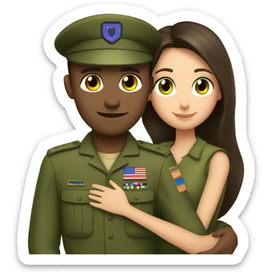 brunette girl with green eyes hugs a military guy sticker