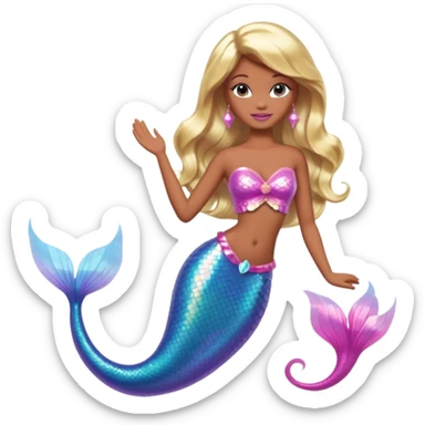 Brown skin blonde hair barbie mermaid with holographic tail and pink  in hair sticker