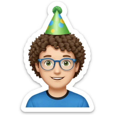 A white guy with curly brown hair and green eyes with a happy face, and wear square glasses.He’s also got a full silver birthday party hat on his head with blue pom poms on top of it, and his T-shirt is all black, he wears a little gold circle earrings on his left  sticker