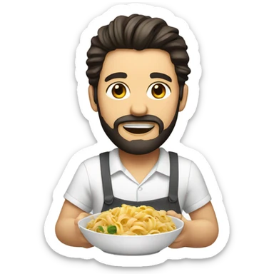 A light-skinned  man with dark straight hair and a beard eating pasta With a white shirt sticker