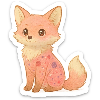 soft fluffy fox with a transparent body filled with fruity smoothie, sparkling eyes, pastel pink, full-body sticker