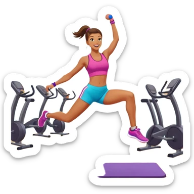 An energetic person performing an aerobics workout in a brightly lit gym, jumping and stretching with enthusiasm. The scene includes vibrant fitness equipment like dumbbells and exercise mats, with a background of cheerful, motivating colors, conveying energy and movement. sticker