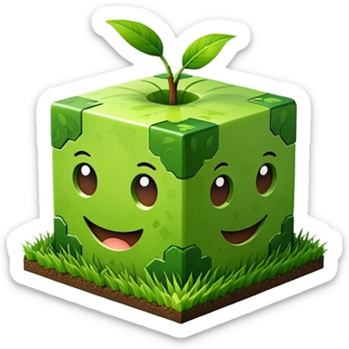 3D Apple style emoticons for Minecraft grass blocks, cube shaped with grass at the top and a plot below sticker